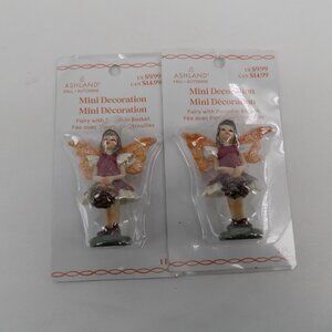 Set of 2 Ashland Mini Decoration Fairy With Pumpkin Basket Figurine 2.5" New